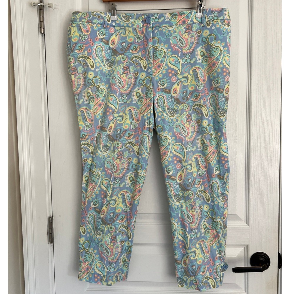 Talbots NWOT Perfect Crop Pant Womens Blue Pink Floral Cotton 18W Boho Coastal - Picture 2 of 10